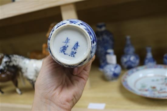 Two pairs of blue and white Chinese vases, two others and a dish tallest 23cm